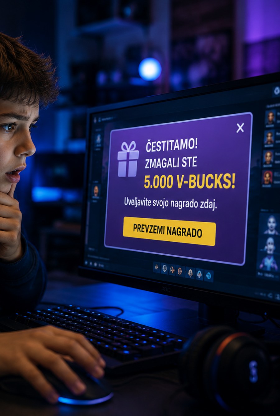 Otrok pred lažnim sporočilom o nagradi med spletno igro